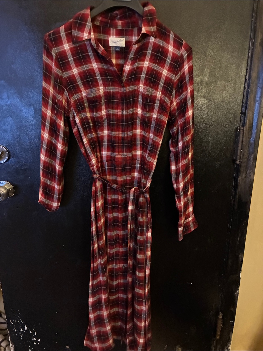 Universal Thread Red Plaid Long Sleeve Shirt Dress with Tie M